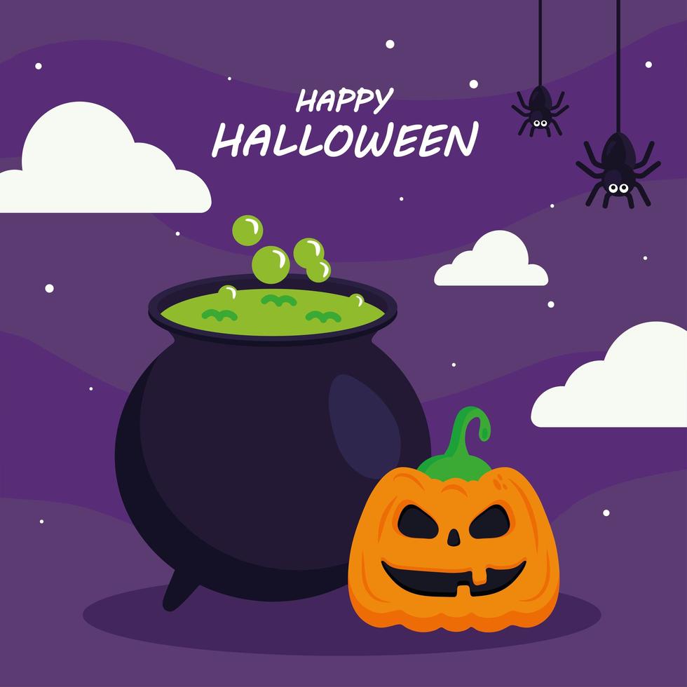 felice halloween con zucca cartone animato e strega ciotola disegno vettoriale