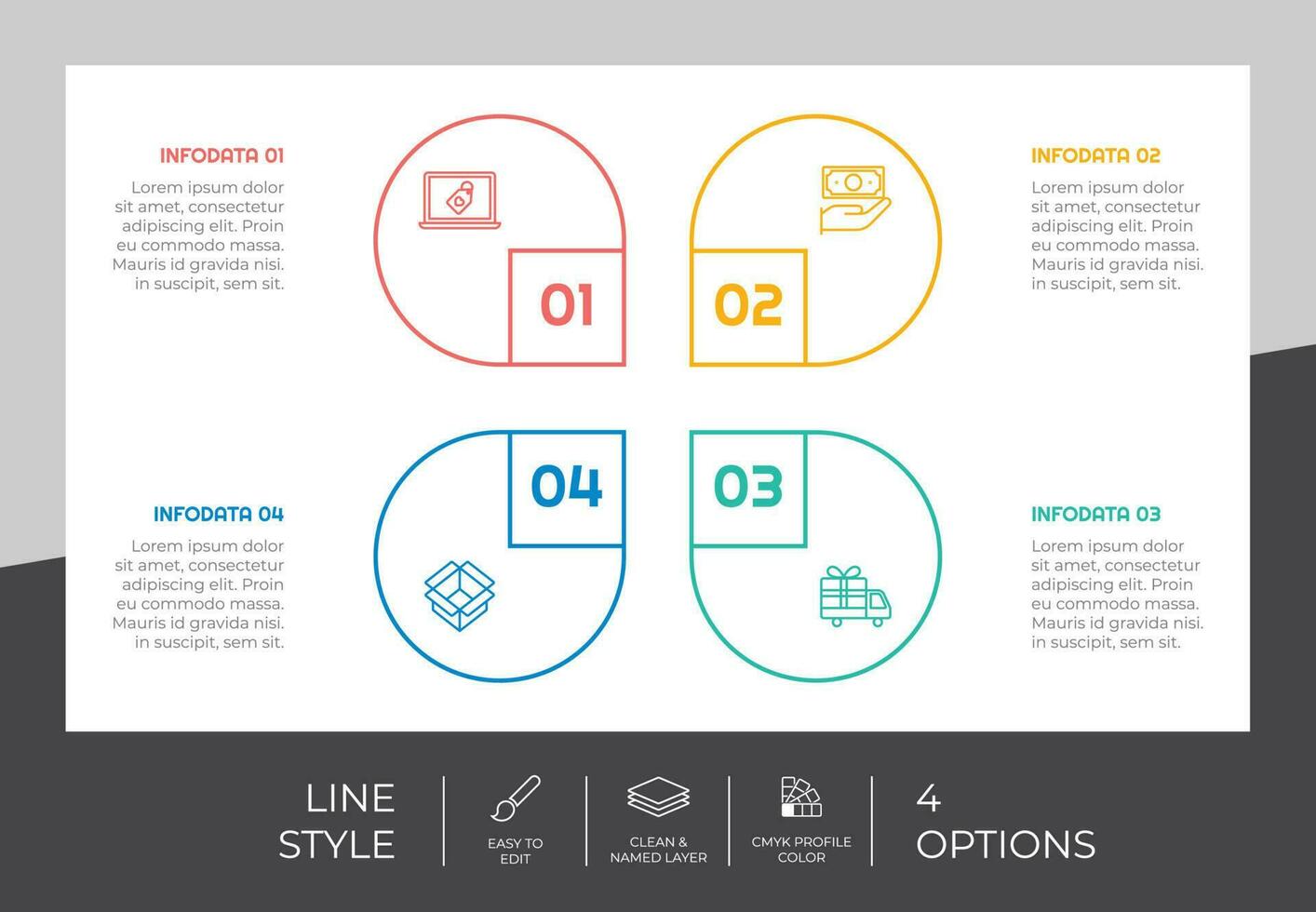 cerchio opzione Infografica vettore design con 4 passaggi colorato stile per presentazione scopo.linea passo Infografica può essere Usato per attività commerciale e marketing