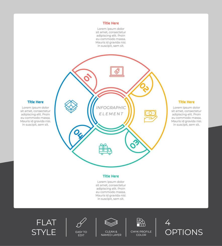 cerchio processi Infografica vettore design con 4 passaggi colorato stile per presentazione scopo.linea passo Infografica può essere Usato per attività commerciale e marketing