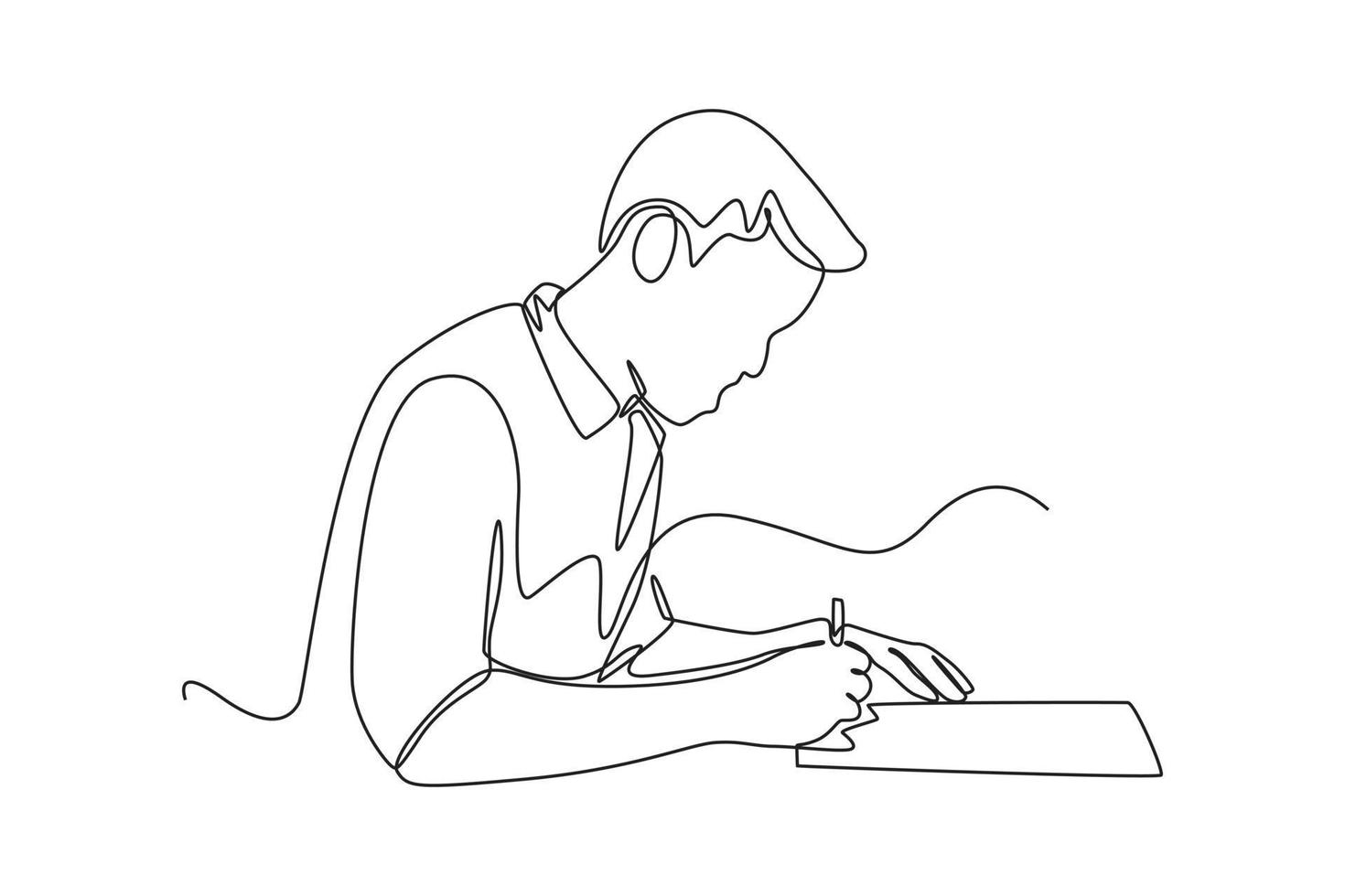 singolo uno linea disegno contento uomo mani Tenere penna e Riempimento imposta modulo. imposta concetto. continuo linea disegnare design grafico vettore illustrazione.