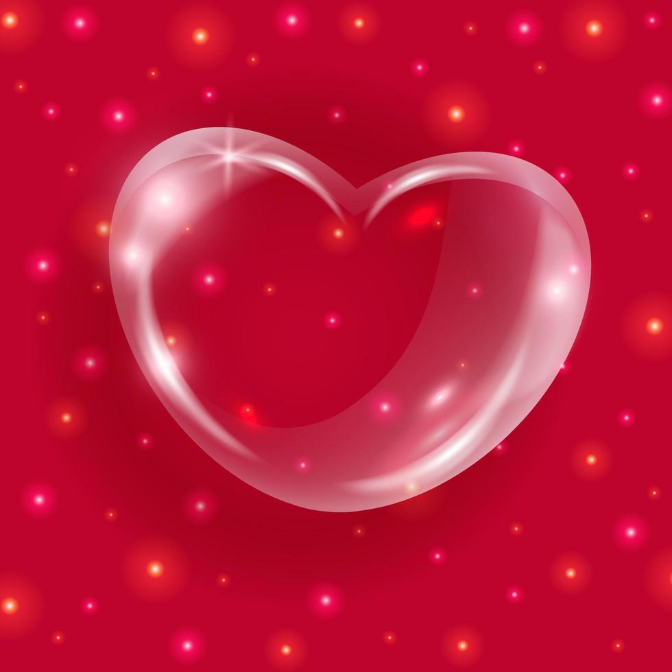 realistico trasparente bicchiere cuore. lucido sapone bolla 3d cuore su rosso sfondo con luccichio. vettore