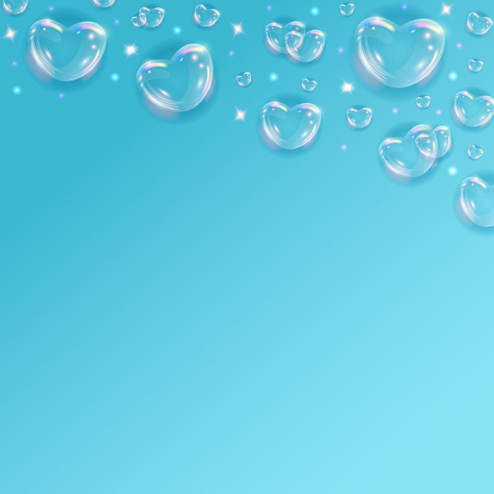 lucido arcobaleno sapone bolla cuori sfondo. realistico trasparente 3d cuori su blu sfondo con luccichio. vettore