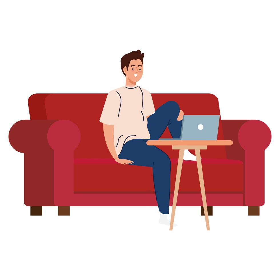 uomo fumetto con il computer portatile sul divano lavorando disegno vettoriale