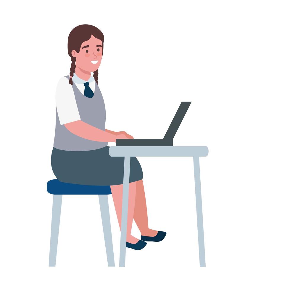 scuola ragazza kid cartoon con il computer portatile al disegno vettoriale scrivania