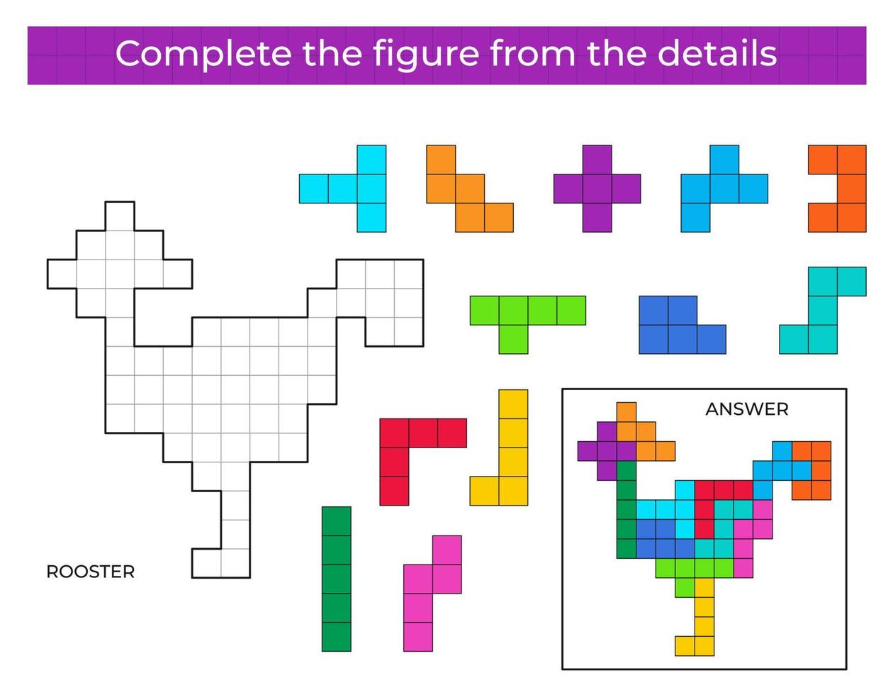 puzzle gioco con gallo. colorato dettagli per bambini. completare figura. formazione scolastica gioco per bambini, prescolastico foglio di lavoro attività. puzzle gioco. vettore illustrazione.