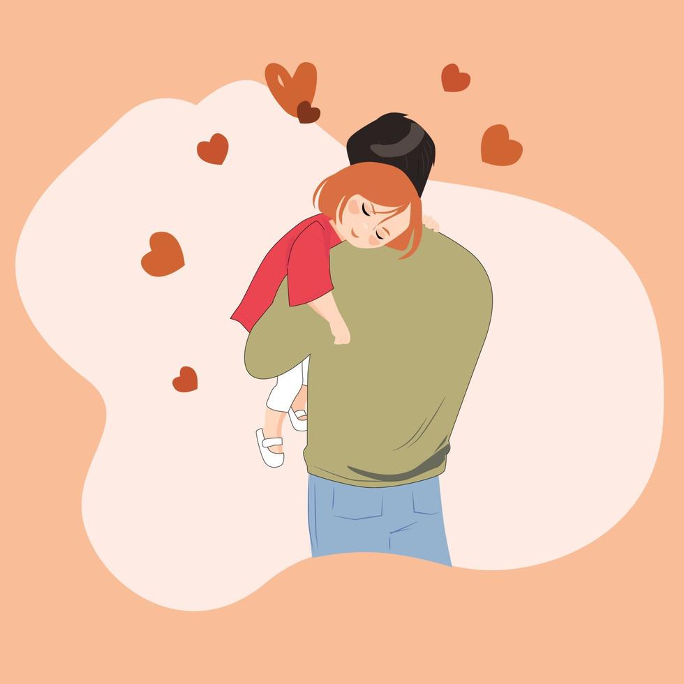 contento padre con bambino, legame, amore. famiglia personaggi papà e figlia trascorrere tempo insieme, divertimento, comunicare, giocare isolato su bianca sfondo. cartone animato persone vettore illustrazione