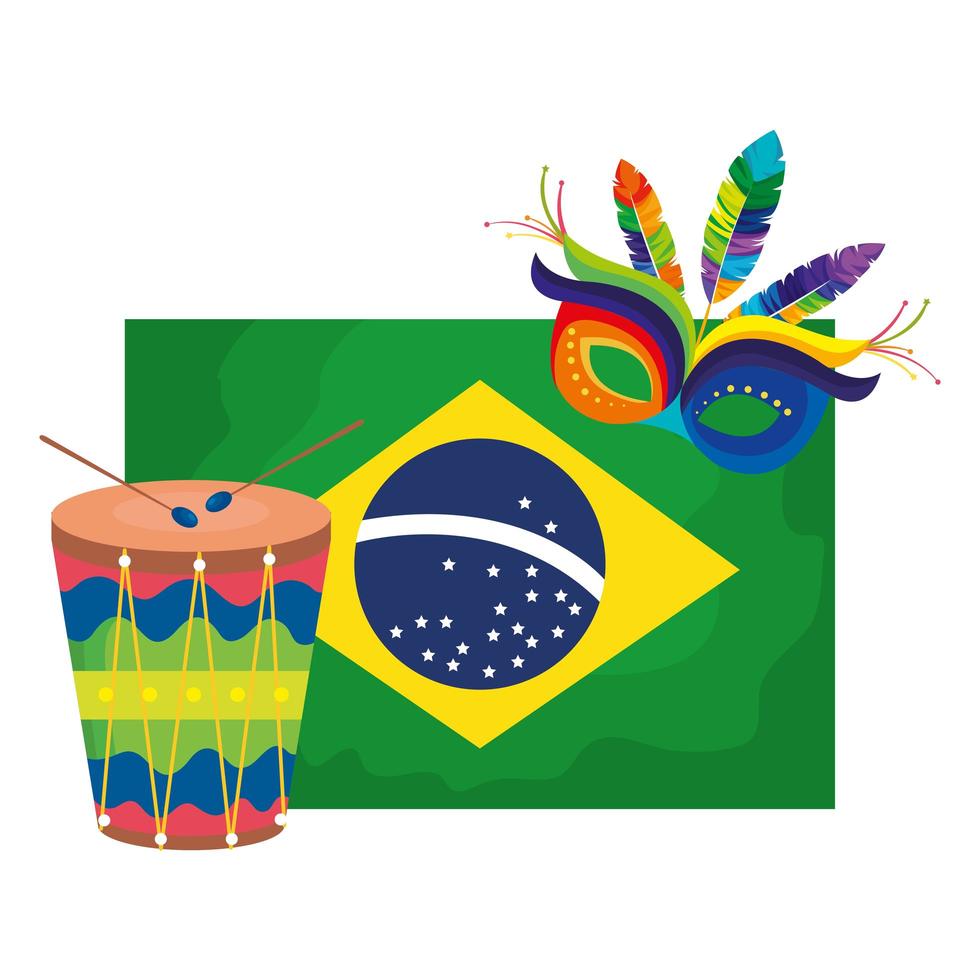 bandiera del brasile con maschera carnevale e tamburo vettore