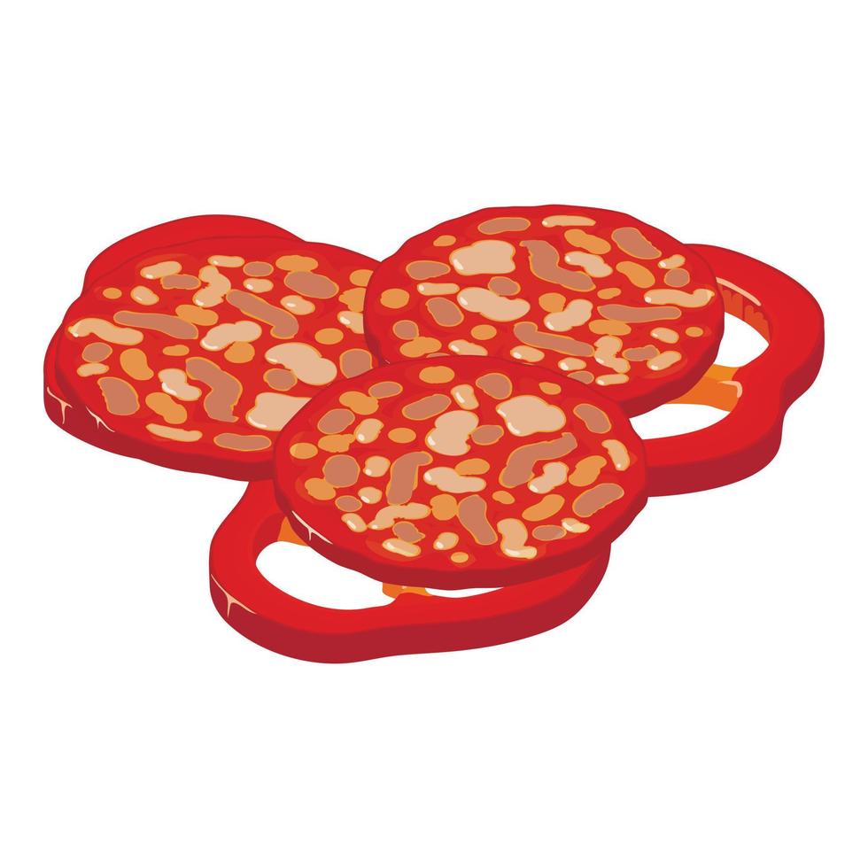 Pizza ingrediente icona isometrico vettore. salsiccia fetta e dolce rosso Pepe pezzo vettore