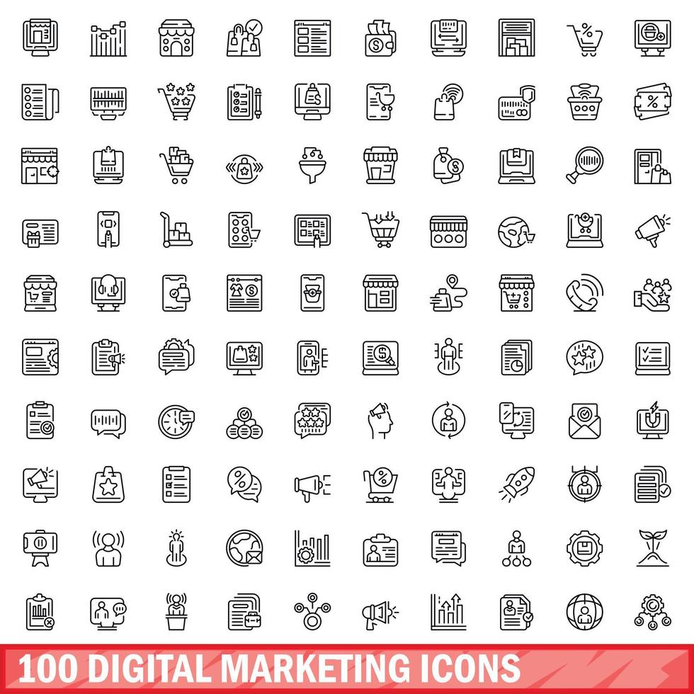 100 digitale marketing icone impostare, schema stile vettore