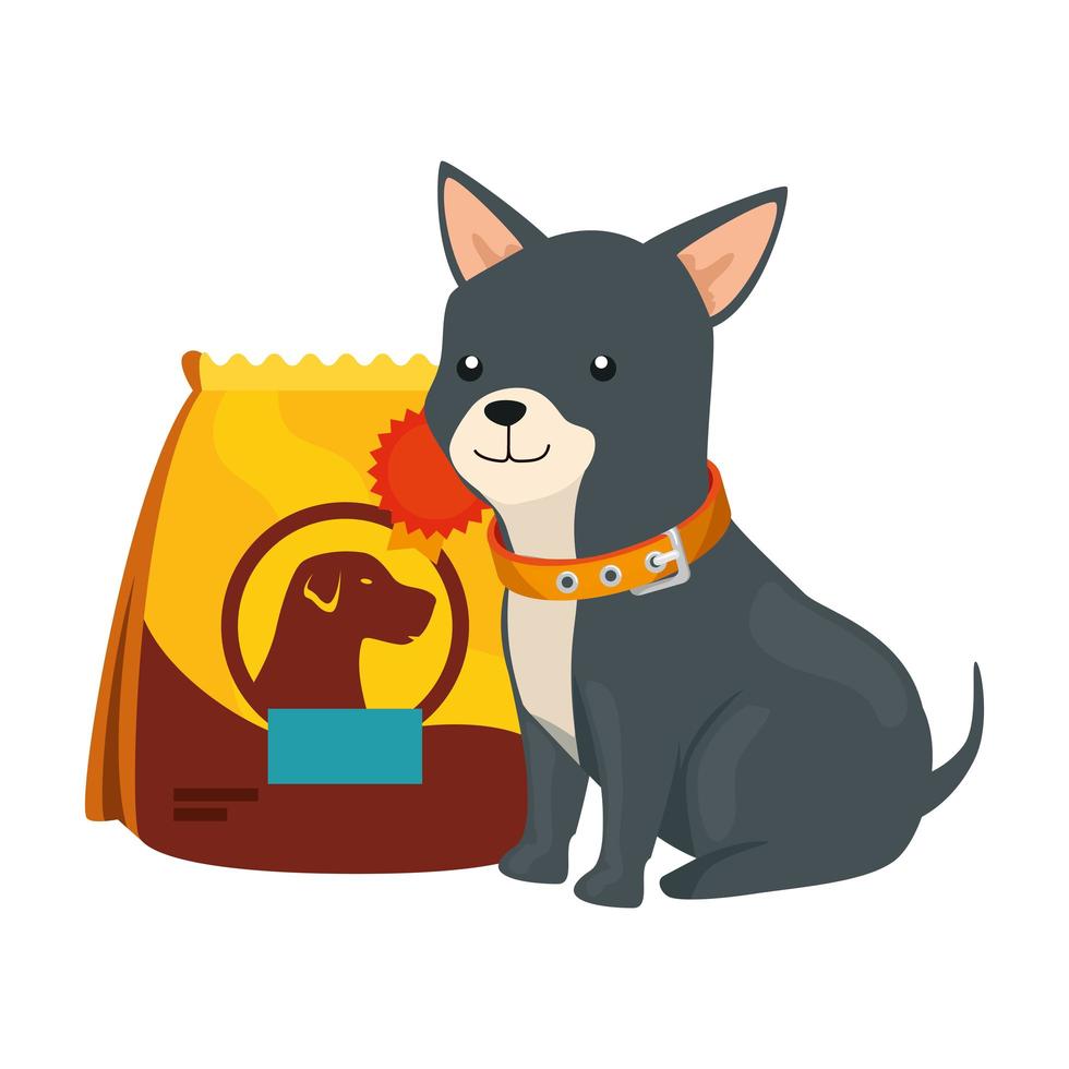cane carino con icona isolata di cibo borsa vettore