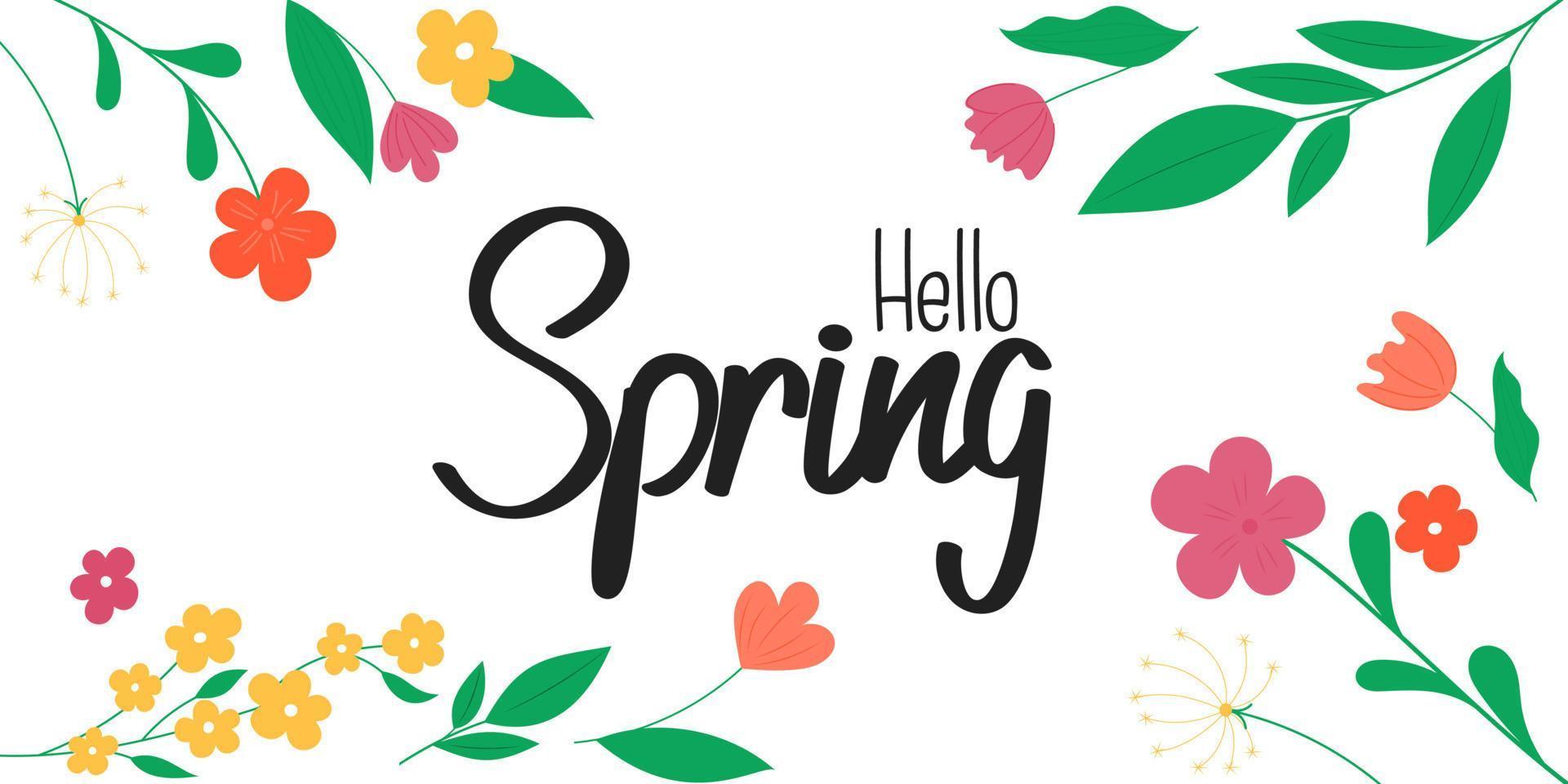 primavera carta con fiori. primavera sfondo con fiori. primavera lettering vettore