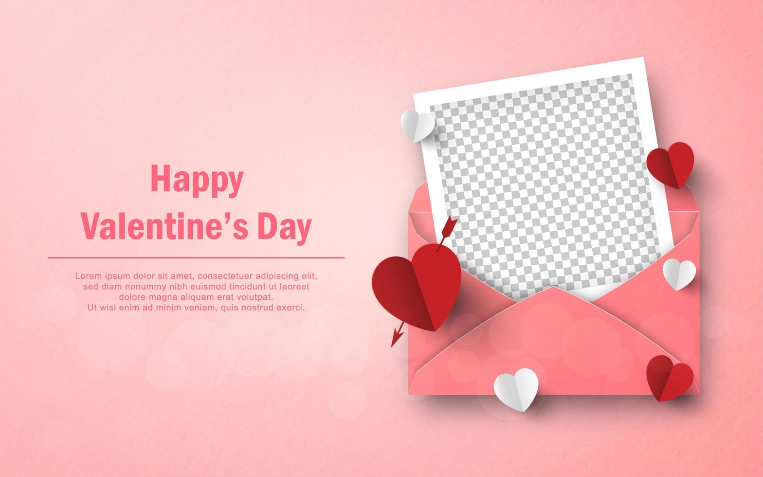 carta a forma di cuore e cornice per foto vuota con busta, buon San Valentino vettore