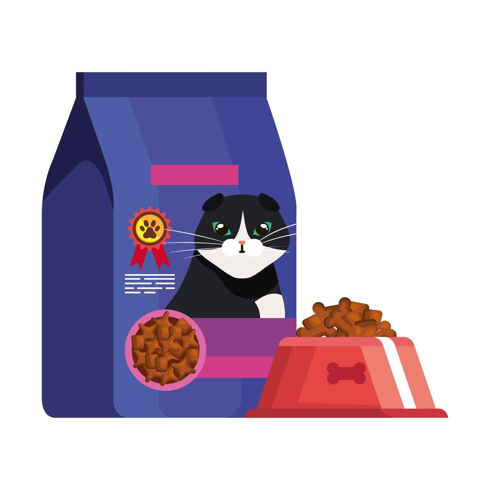 cibo in borsa e piatto per gatto vettore