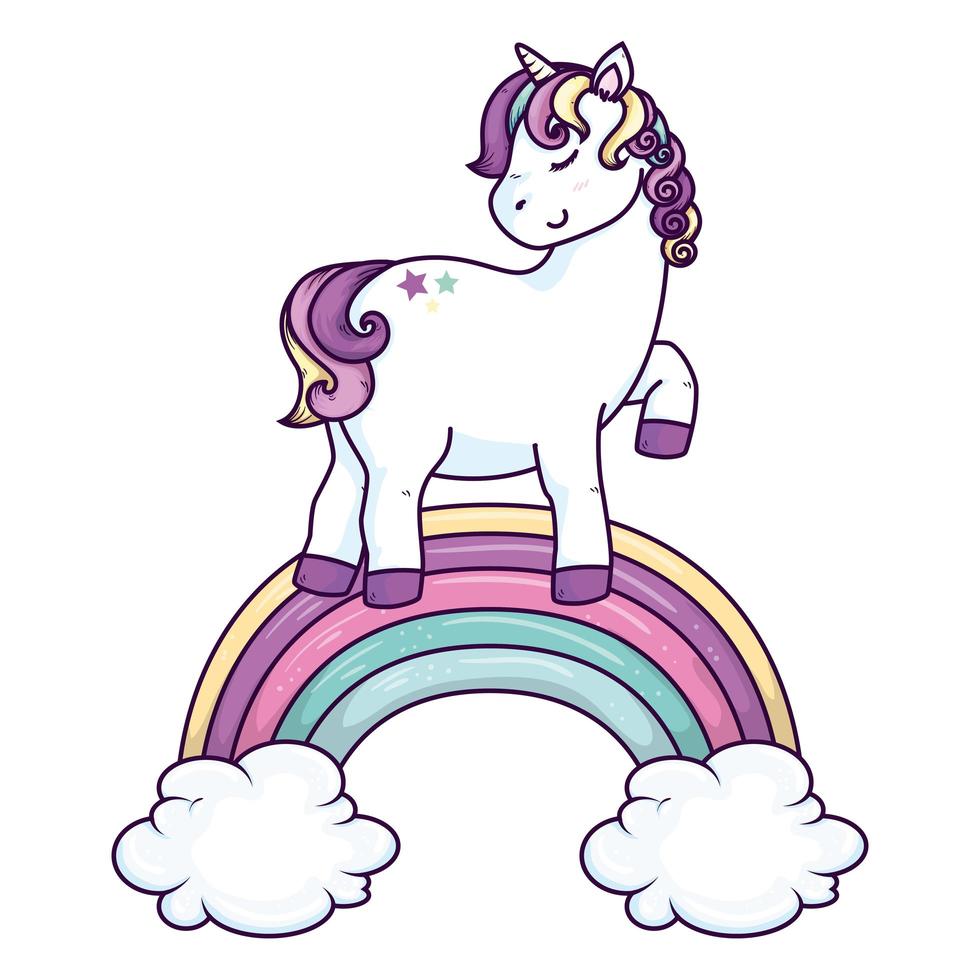 unicorno carino con nuvole e arcobaleno vettore