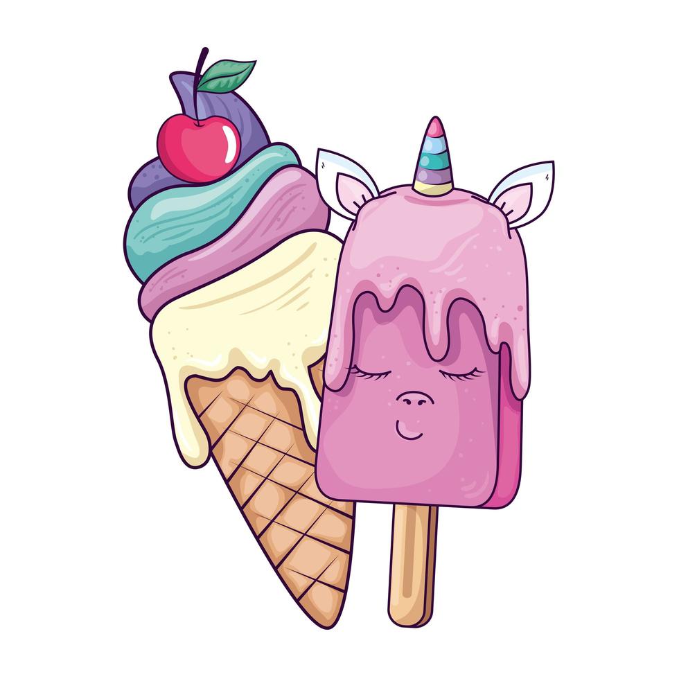 simpatico e delizioso gelato in stile kawaii vettore