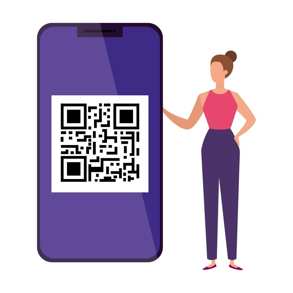 imprenditrice e dispositivo smartphone con codice di scansione qr vettore