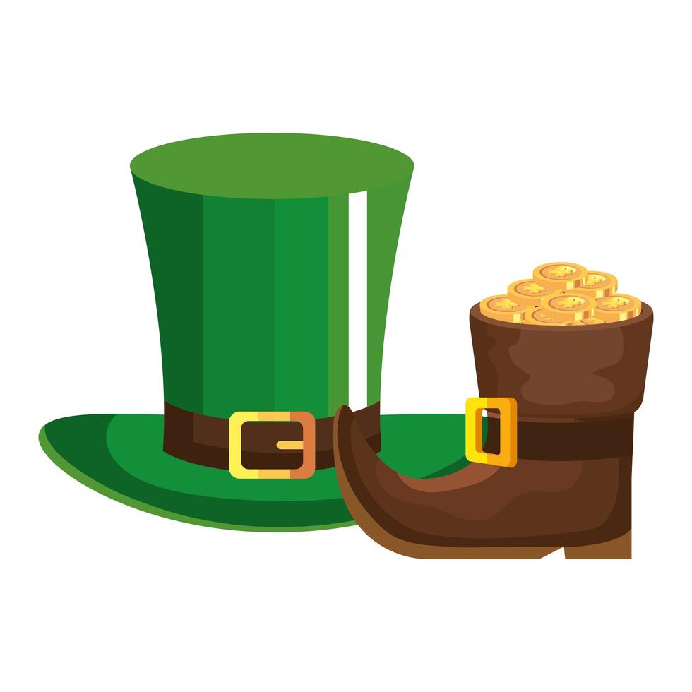 stivale leprechaun con cappello a cilindro e monete vettore