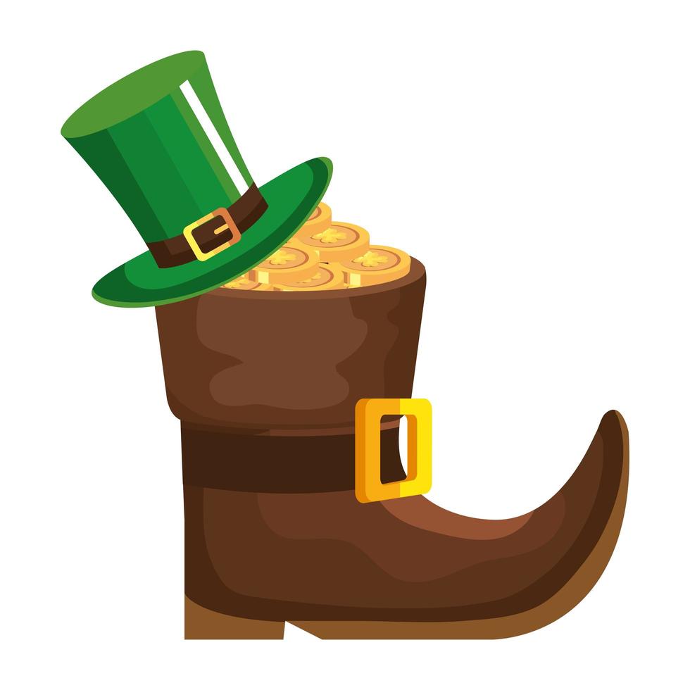 stivale leprechaun con cappello a cilindro e monete vettore