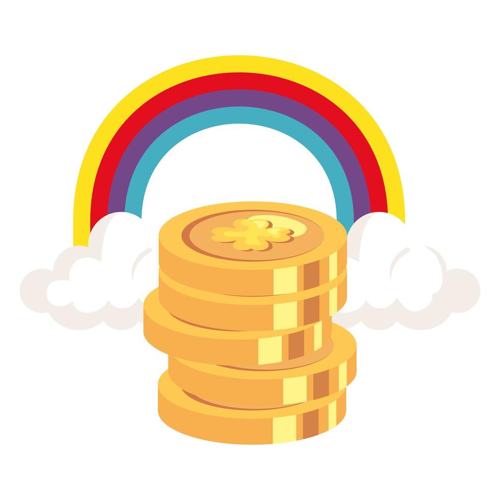 moneta con icona isolata di trifoglio e arcobaleno vettore