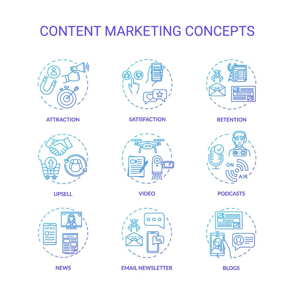 set di icone di concetto di content marketing. vettore