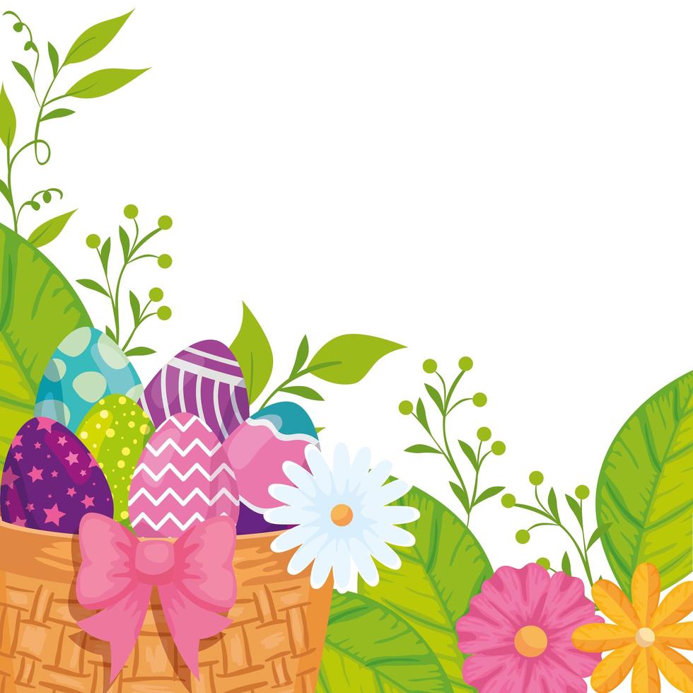uova di Pasqua nel cestino di vimini e fiori decorazione vettore