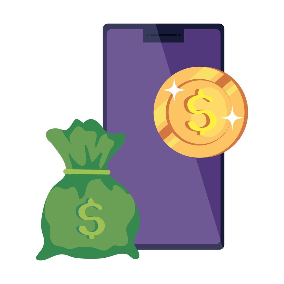 moneta con borsa di denaro e smartphone icona isolato vettore