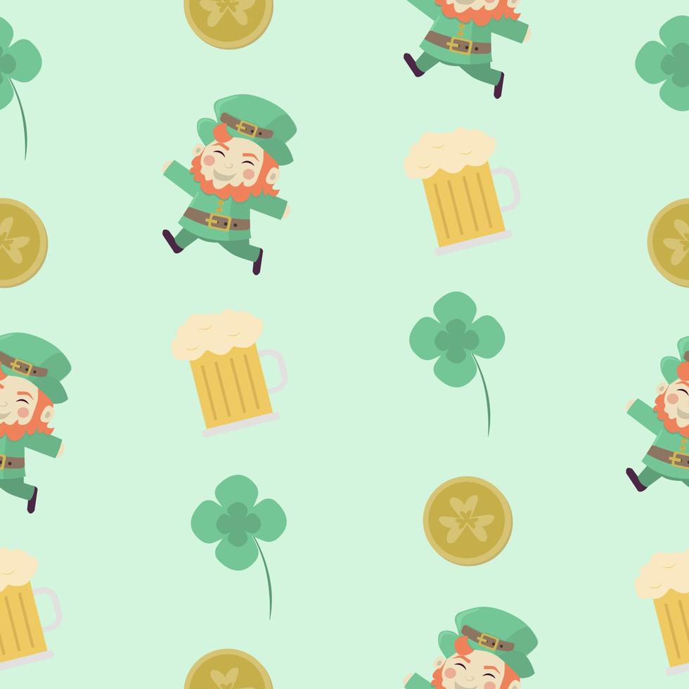 st. Patrick giorno senza soluzione di continuità modello con folletto, fortunato monete e trifoglio. vettore