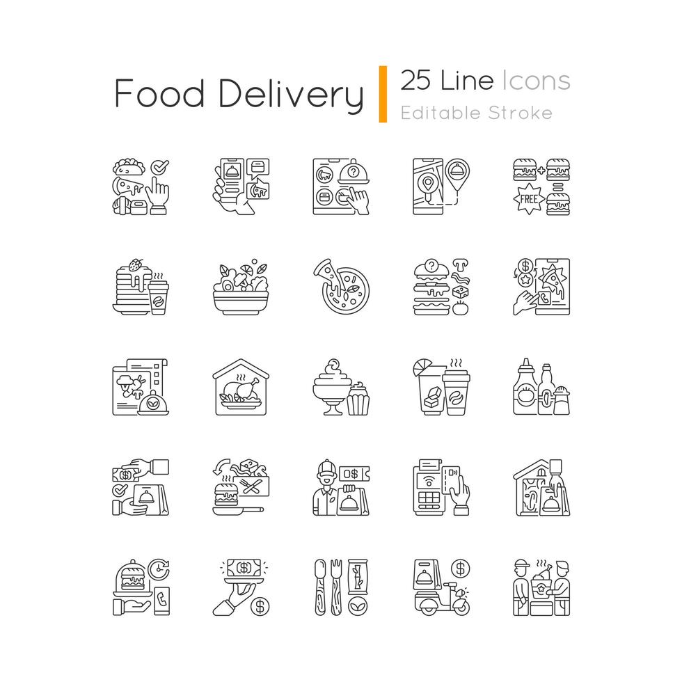 set di icone lineare di consegna cibo vettore