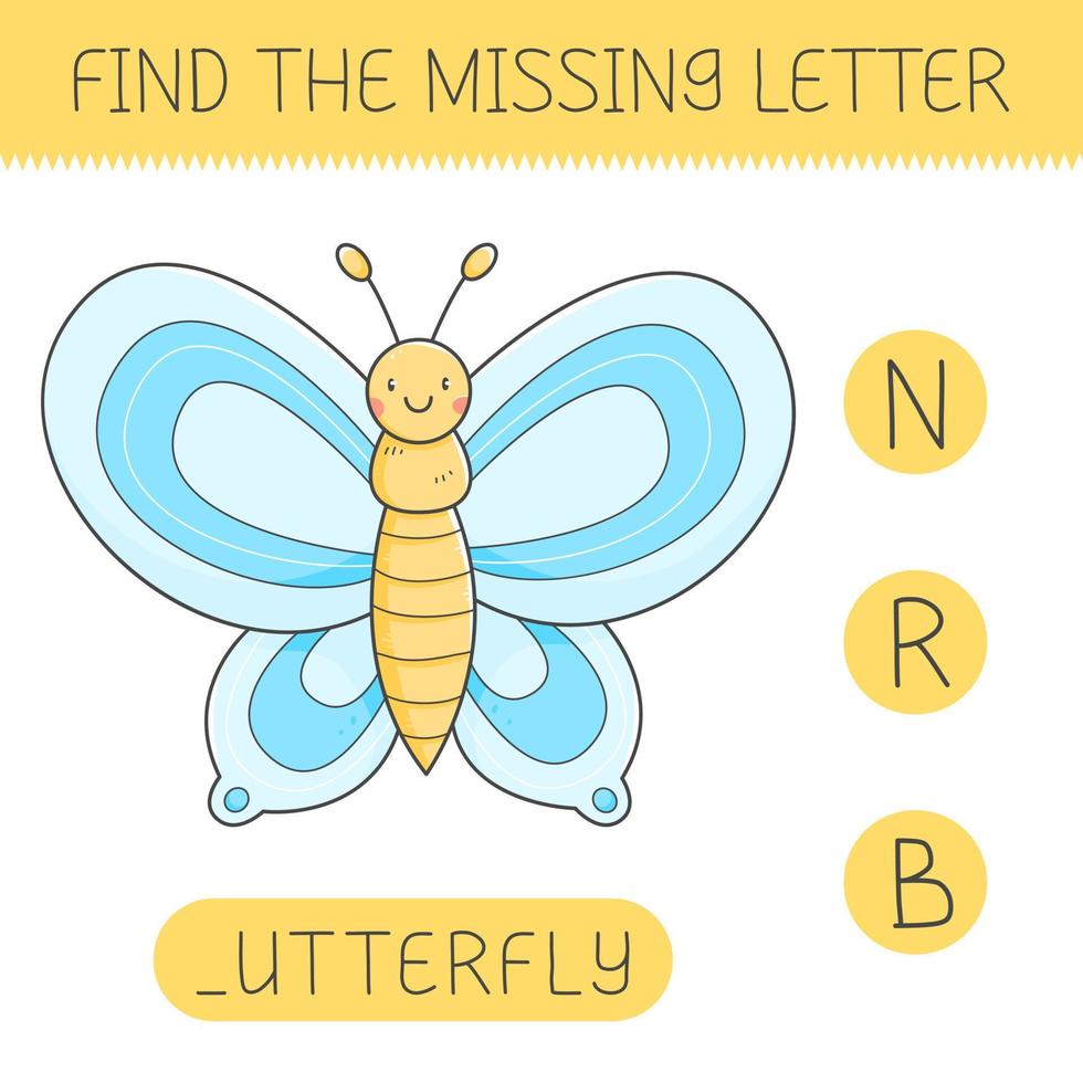 trova il mancante lettera è un educativo gioco per bambini con un' la farfalla. carino cartone animato la farfalla. praticante inglese alfabeto. vettore illustrazione.