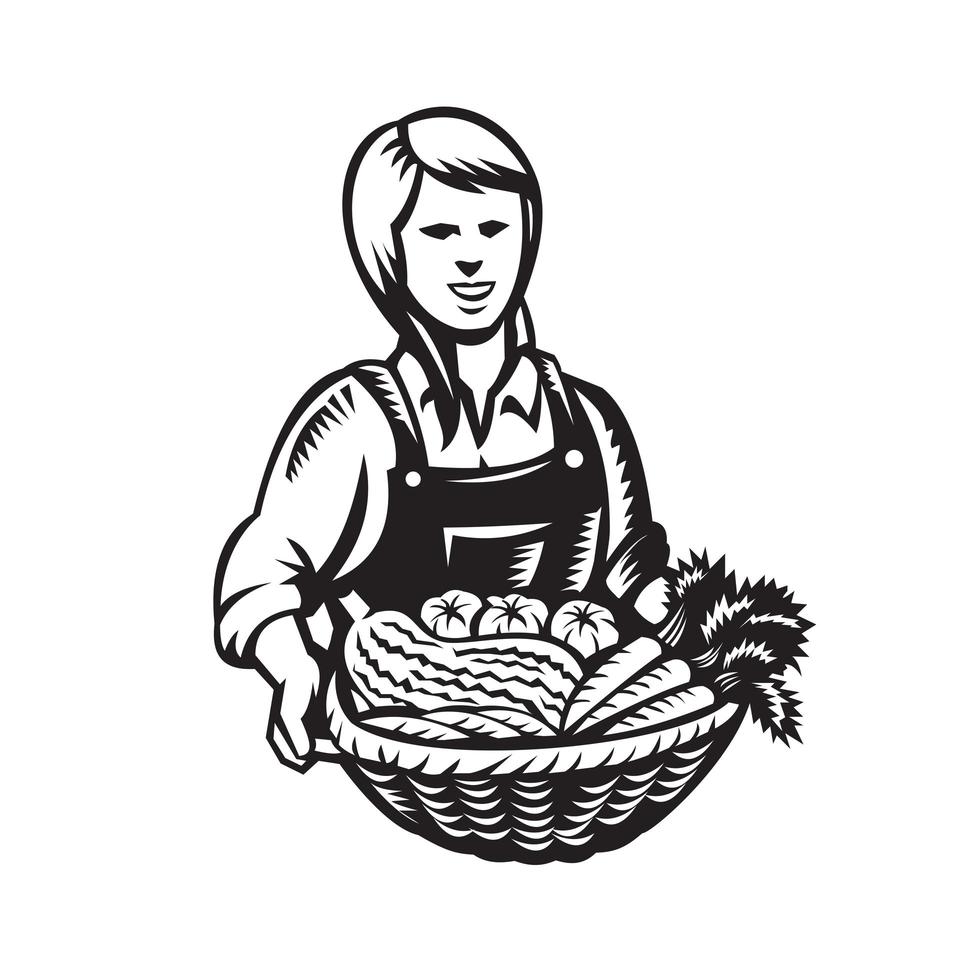 agricoltore biologico femminile con cesto di verdure vettore