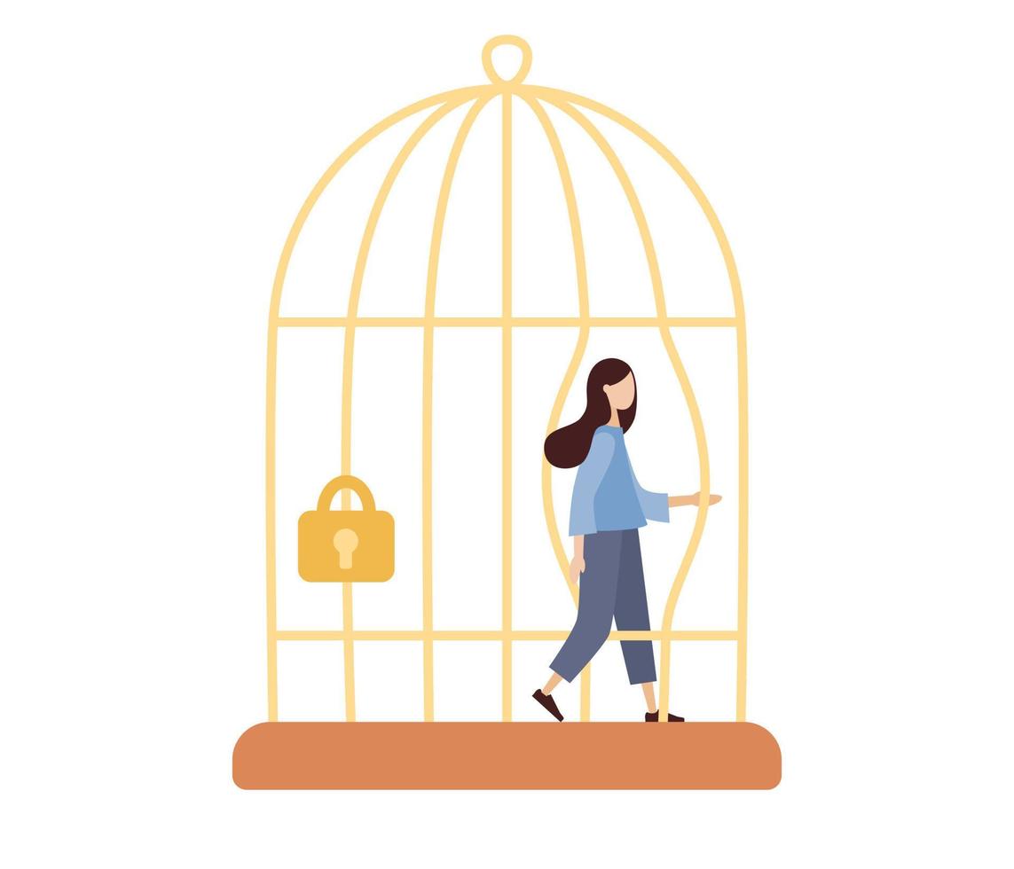 minuscolo donna personaggio fuga a partire dal il gabbia. concetto di libertà, psicologia, partenza, modificare. vettore piatto illustrazione