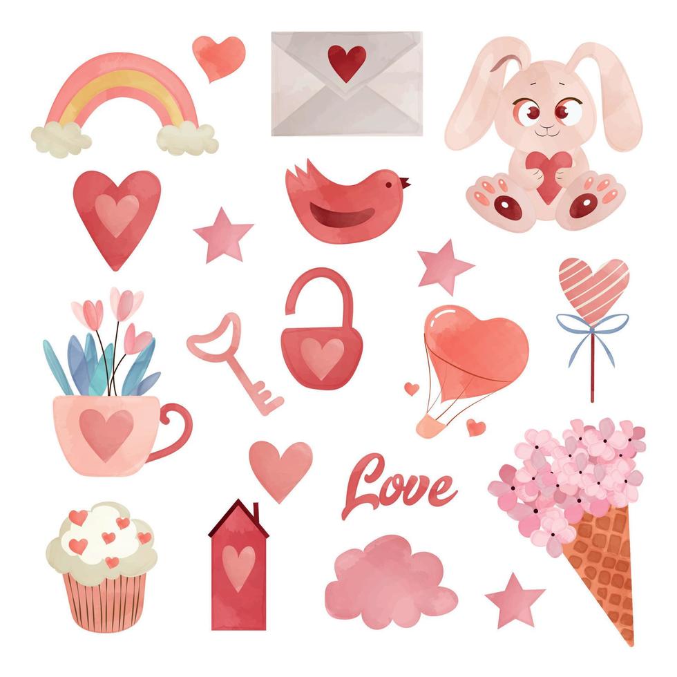 acquerello carino elementi e elementi per San Valentino giorno carte -cuore, dolci, lepre, fiori, chiave, caramella, lettera, cuori, rosa, Lecca-lecca vettore