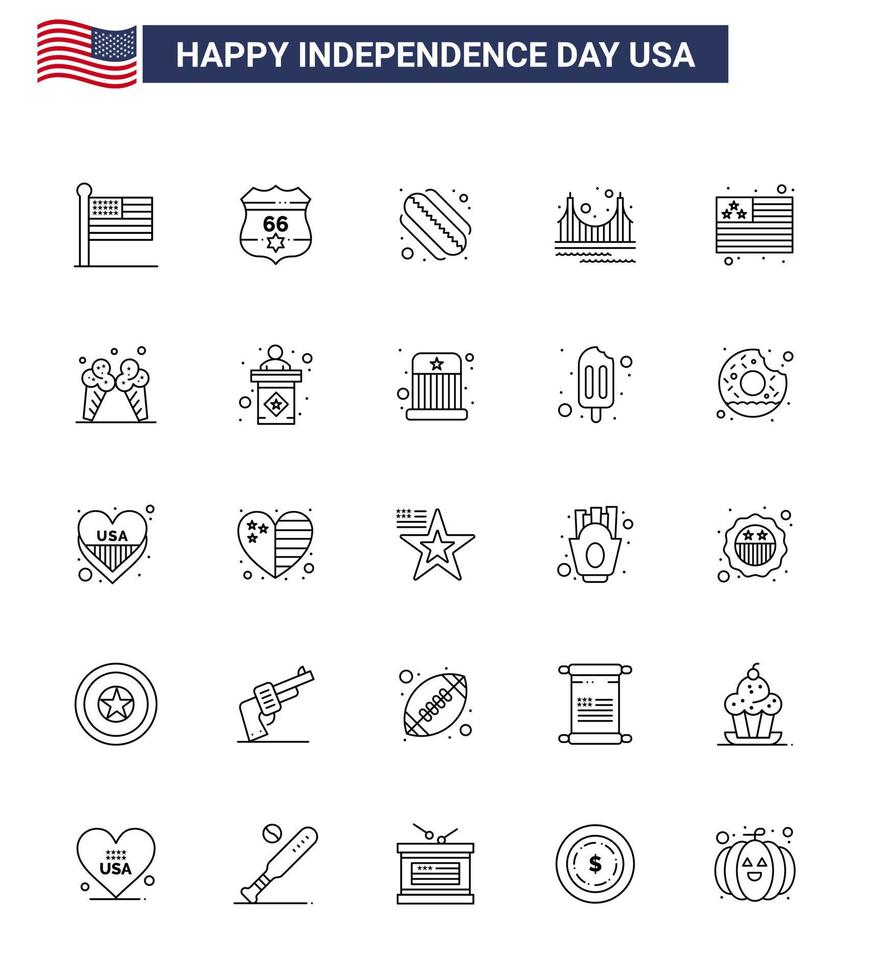 contento indipendenza giorno Stati Uniti d'America imballare di 25 creativo Linee di bandiera turismo americano punto di riferimento cancello modificabile Stati Uniti d'America giorno vettore design elementi