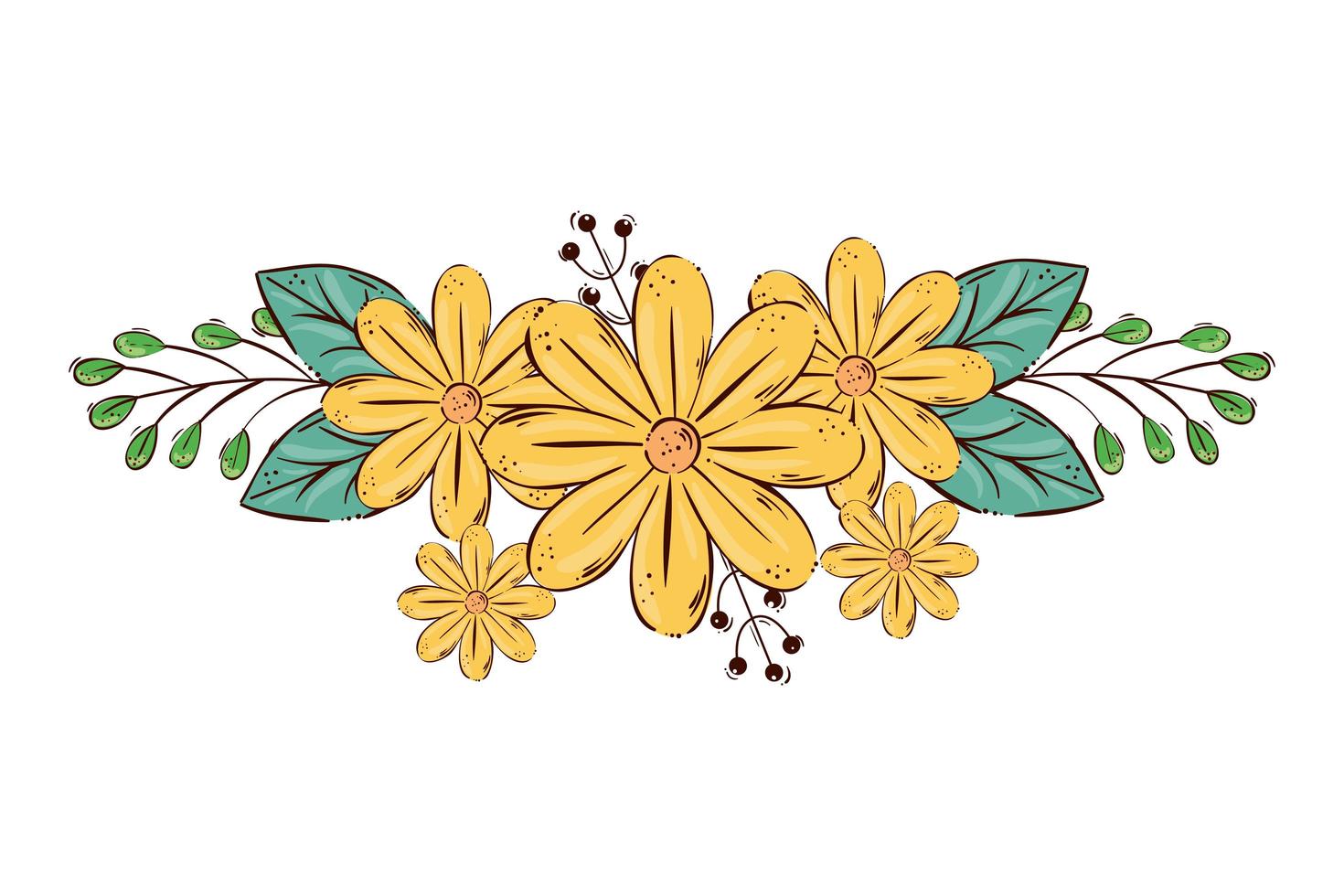 carino fiori di colore giallo con rami e foglie icona isolato vettore