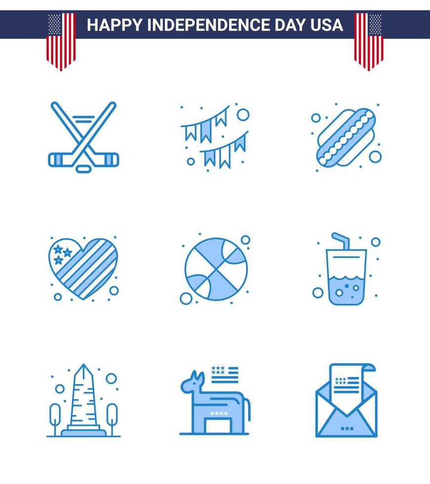 Stati Uniti d'America contento indipendenza pictogram impostato di 9 semplice blues di palla amore ghirlanda cuore americano modificabile Stati Uniti d'America giorno vettore design elementi