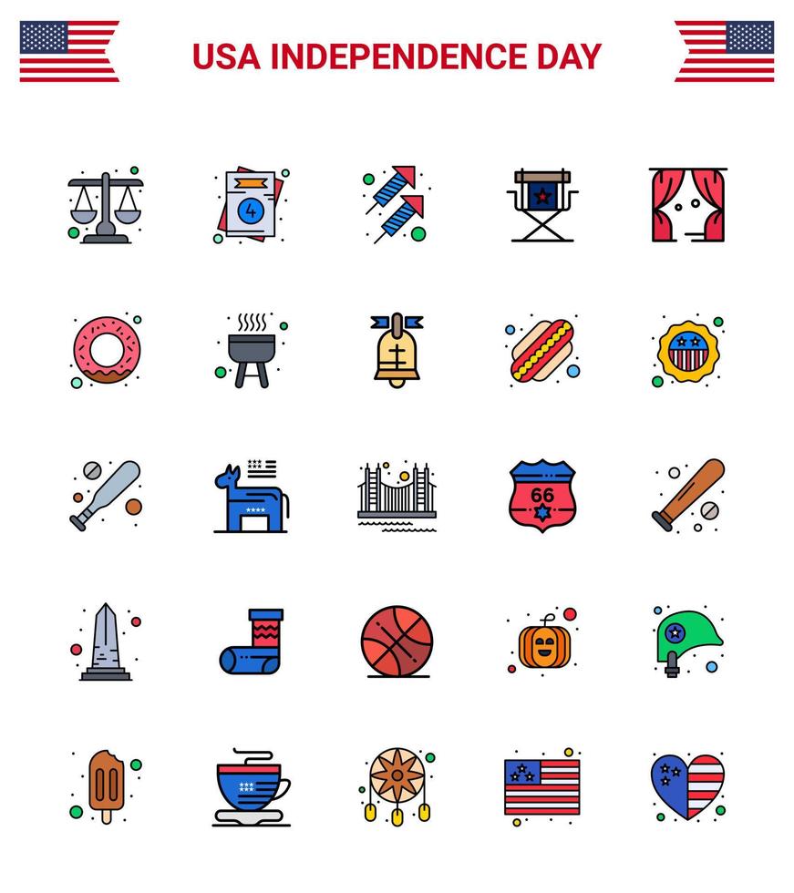 Stati Uniti d'America contento indipendenza pictogram impostato di 25 semplice piatto pieno Linee di divertimento stella celebrazione film sedia modificabile Stati Uniti d'America giorno vettore design elementi