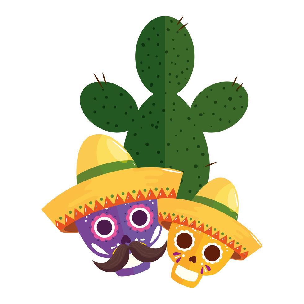 teschi messicani isolati con cappelli e disegno vettoriale di cactus