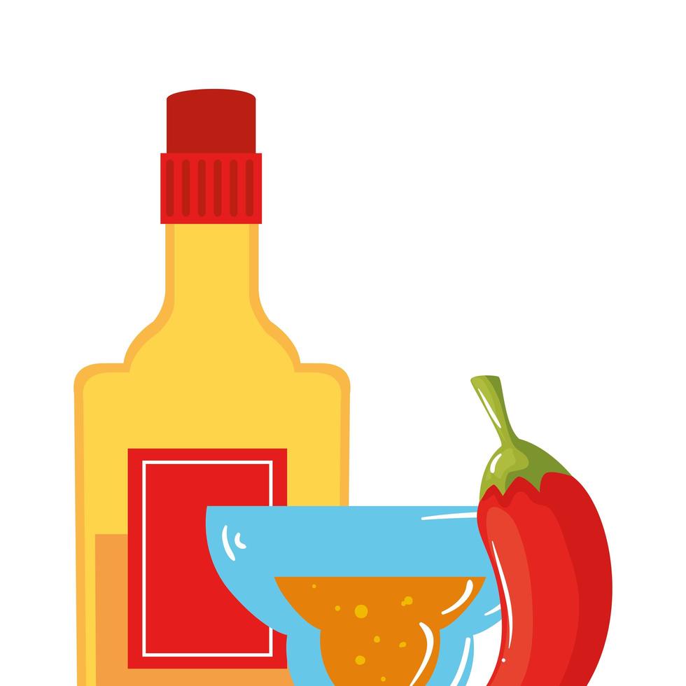 isolato messicano bottiglia di tequila peperoncino e cocktail disegno vettoriale