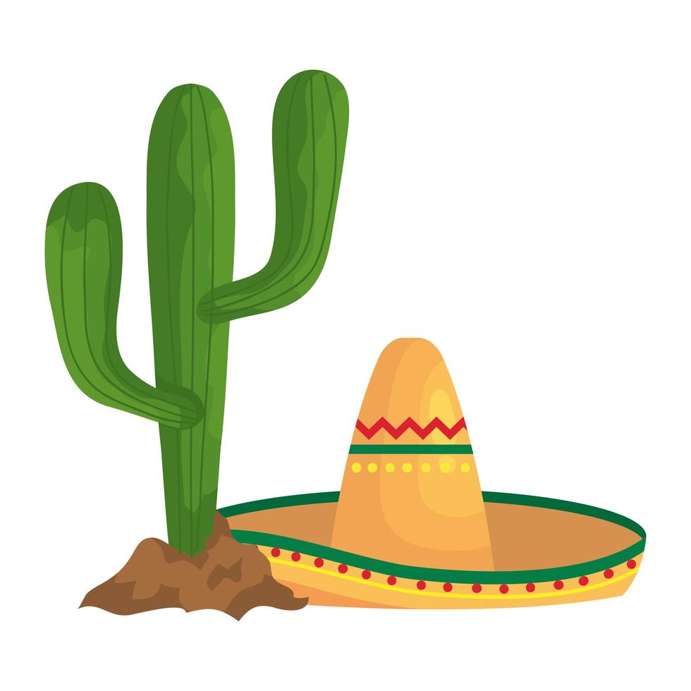 cappello messicano isolato e disegno vettoriale di cactus