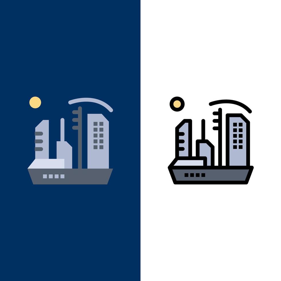 città colonizzazione colonia cupola espansione icone piatto e linea pieno icona impostato vettore blu sfondo