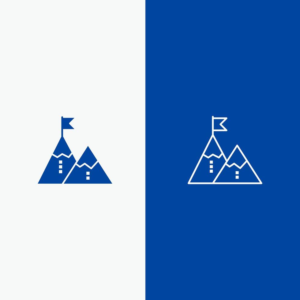 successo realizzazione bandiera obbiettivo missione montagna picco linea e glifo solido icona blu bandiera linea e glifo solido icona blu bandiera vettore