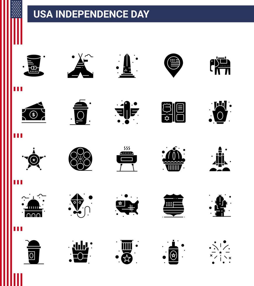 impostato di 25 Stati Uniti d'America giorno icone americano simboli indipendenza giorno segni per elefante carta geografica punto di riferimento Posizione Washington modificabile Stati Uniti d'America giorno vettore design elementi