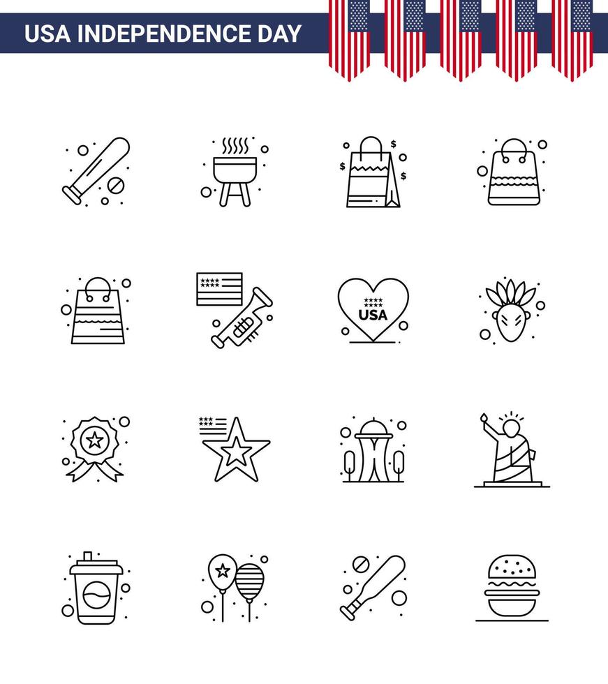 impostato di 16 Stati Uniti d'America giorno icone americano simboli indipendenza giorno segni per altoparlante negozio Borsa pacchi Borsa modificabile Stati Uniti d'America giorno vettore design elementi