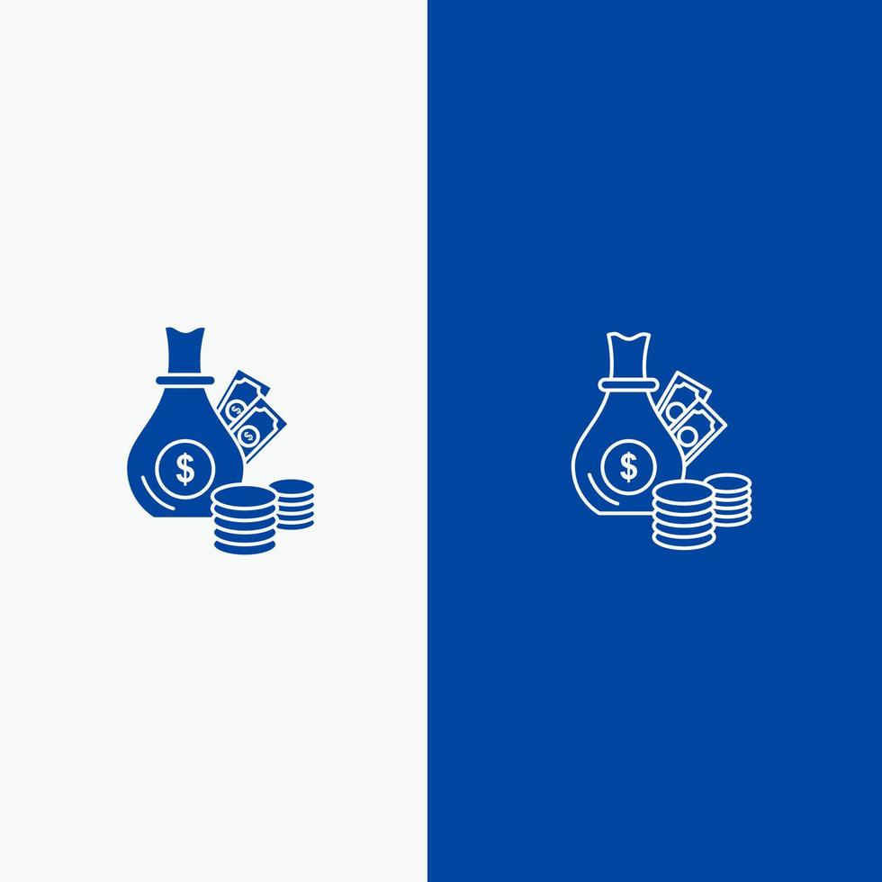 i soldi banca attività commerciale monete oro linea e glifo solido icona blu bandiera linea e glifo solido icona blu bandiera vettore