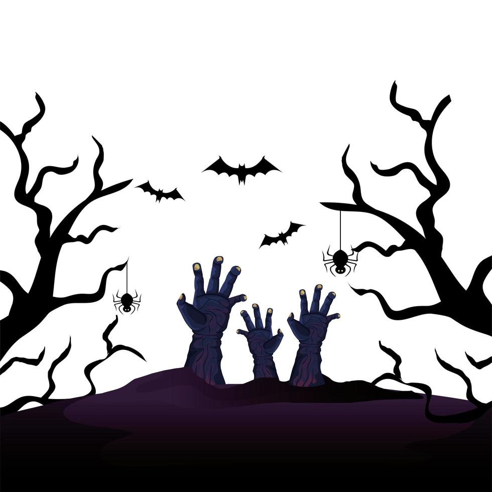 mani di zombie per halloween con pipistrelli che volano vettore