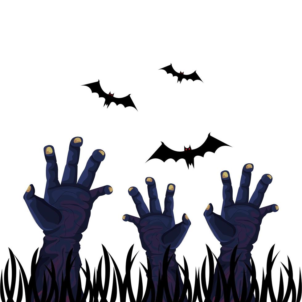 mani di zombie per halloween con pipistrelli che volano vettore