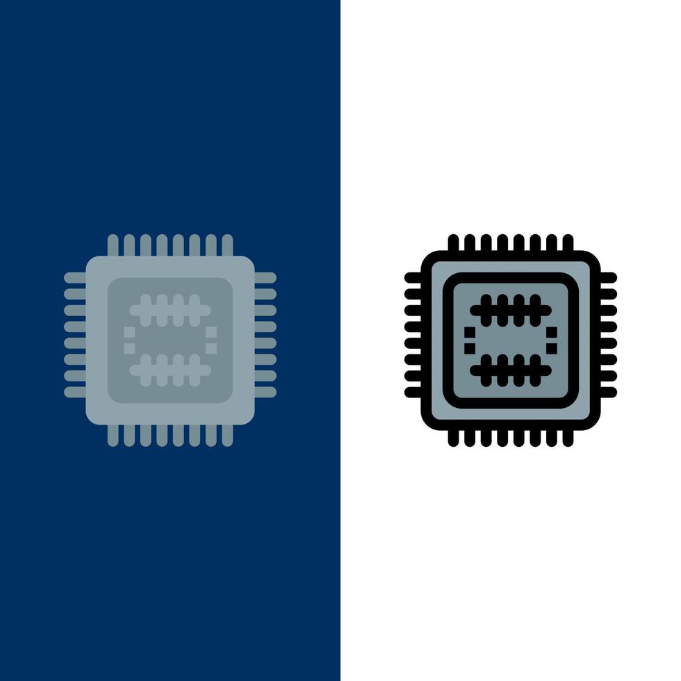 sistema Tech tecnologia processore icone piatto e linea pieno icona impostato vettore blu sfondo