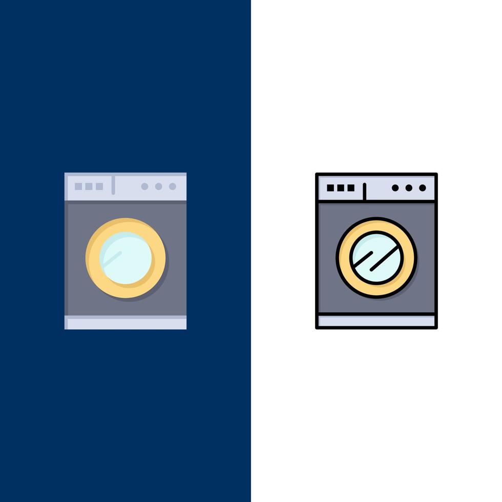 cucina macchina lavaggio icone piatto e linea pieno icona impostato vettore blu sfondo
