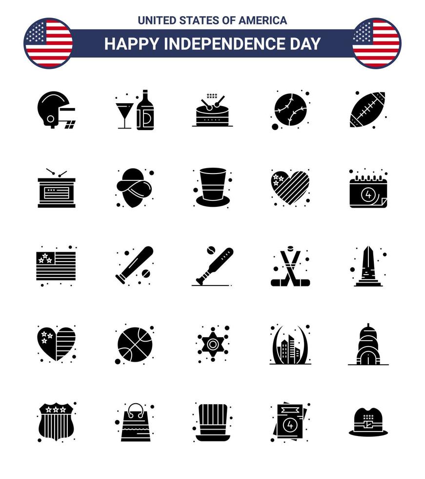 moderno impostato di 25 solido glifo e simboli su Stati Uniti d'America indipendenza giorno come come footbal unito tamburo stati americano modificabile Stati Uniti d'America giorno vettore design elementi