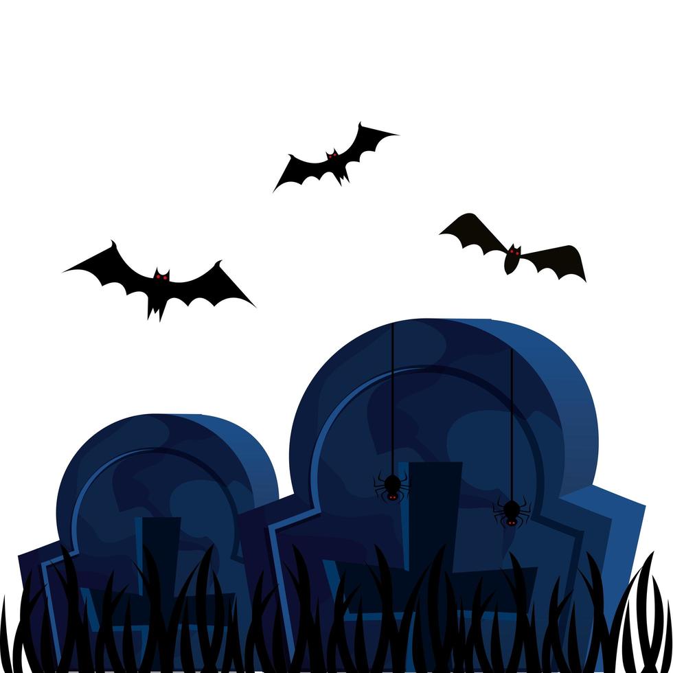 tombe di Halloween con pipistrelli che volano vettore